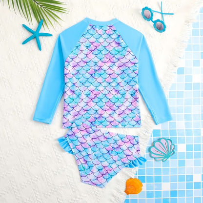 HILEELANG 3-8T Toddler/Little Girls Light Blue Ocean Mermaid Scales Rashguard Swimsuit