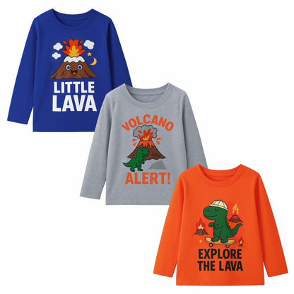 HILEELANG Toddler Boys（2Y-7Y) Shirt 3-Pack Dinosaurs Volcano Graphic Long-Sleeve Tees Winter Cotton Casual Crewneck T-Shirts