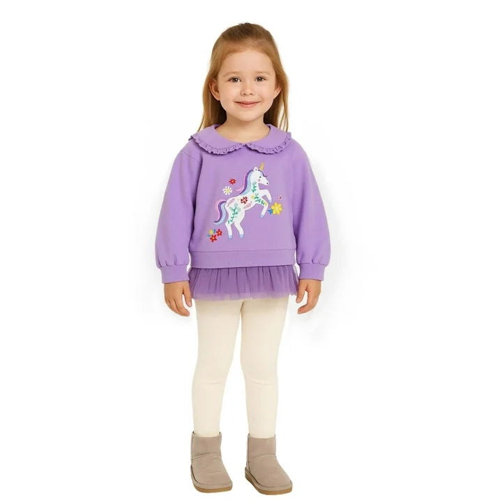 HILEELANG Toddler Girl Sweatshirt and Leggings Set （Age:2-7Y) – Long Sleeve Purple Unicorn Pullover with Collar and Off white Pants, Fall Winter Outfit for Kids
