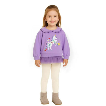 HILEELANG Toddler Girl Sweatshirt and Leggings Set （Age:2-7Y) – Long Sleeve Purple Unicorn Pullover with Collar and Off white Pants, Fall Winter Outfit for Kids