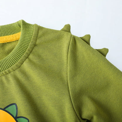 HILEELANG Toddler Boy（2-7Y) 2 Piece Cotton Pullover and Sweatpants Set with Dinosaur Applique, Green Fall Winter Clothes for Kids