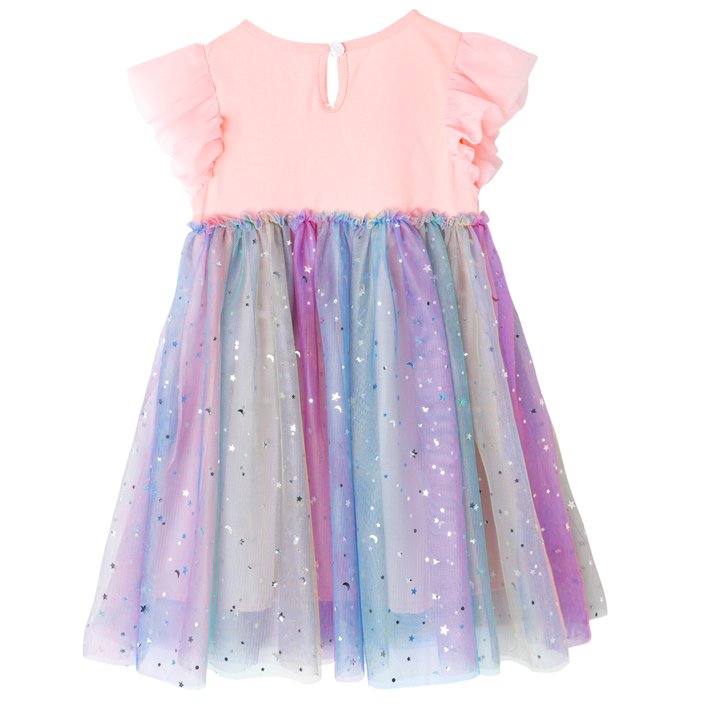 HILEELANG Baby Girl Dresses Short Ruffle Sleeve Cotton Tulle Tutu Pink Rainbow Birthday Party Dresses