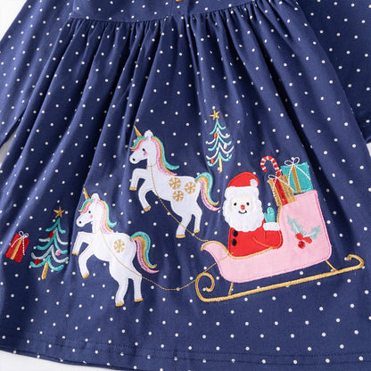 HILEELANG Girls Christmas Dress Long Sleeve Holiday Outfit with Santa Sleigh and Unicorn Applique-Winter Casual Cotton Dresses for Toddler Kids