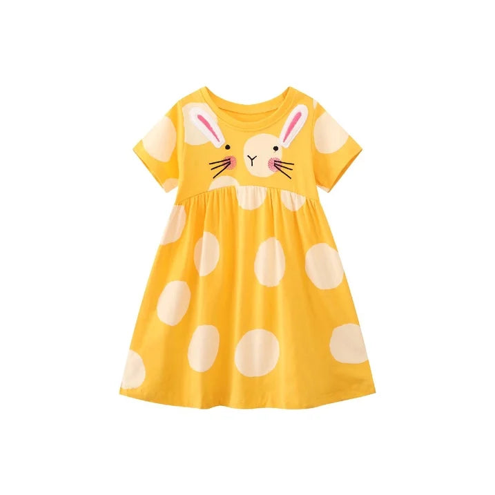 HILEELANG Toddler Little Girls 2 Pack Bunny Print Dresses, Short Sleeve Casual Summer Play Dress Set