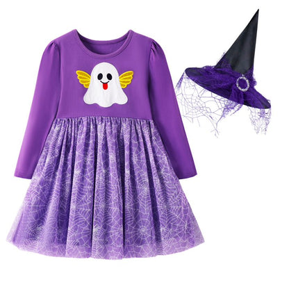 HILEELANG Toddler Girls Halloween Dress 2–7Y, Long Sleeve Pumpkin Ghost Black Cat Print Tulle Skirt with Witch Hat 2 years old