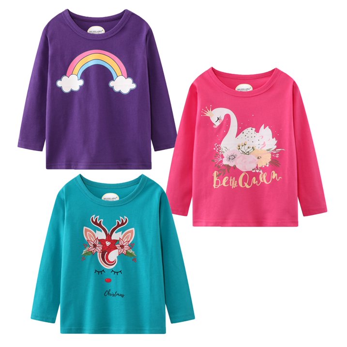 Toddler Girl Long Sleeve Shirts Christmas Pink Green Elk Purple Rainbow Cotton Casual Crewneck Jersey Tunic T-Shirts 3 Packs