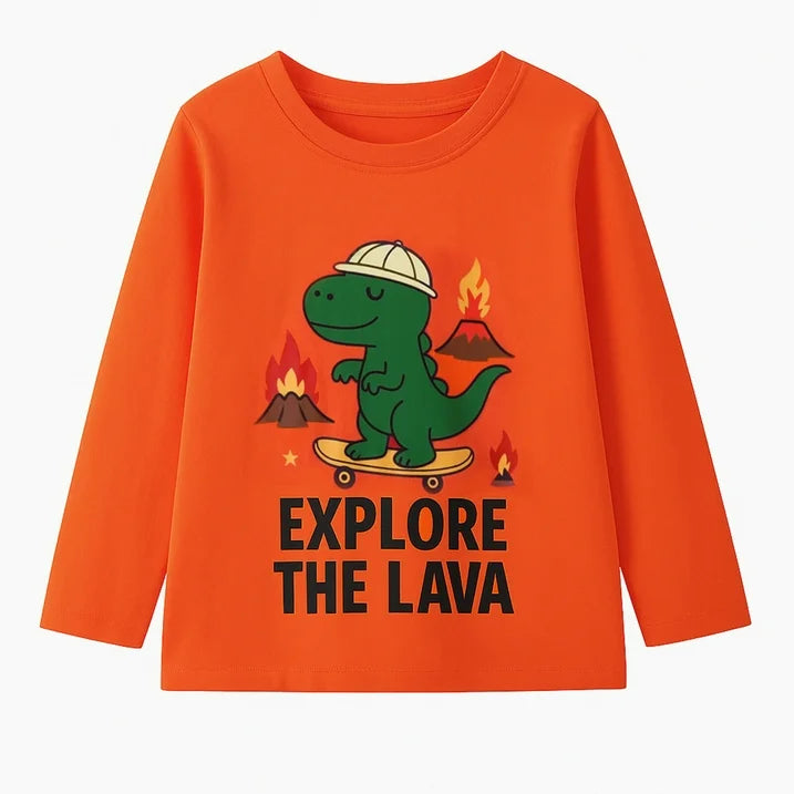 HILEELANG Toddler Boys（2Y-7Y) Shirt 3-Pack Dinosaurs Volcano Graphic Long-Sleeve Tees Winter Cotton Casual Crewneck T-Shirts