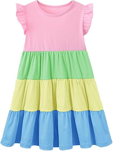 HILEELANG Girls Cotton Tiered Dress Flutter Ruffle Sleeve Summer Swing Sundress Birthday Party Casual Outfit Colorblock