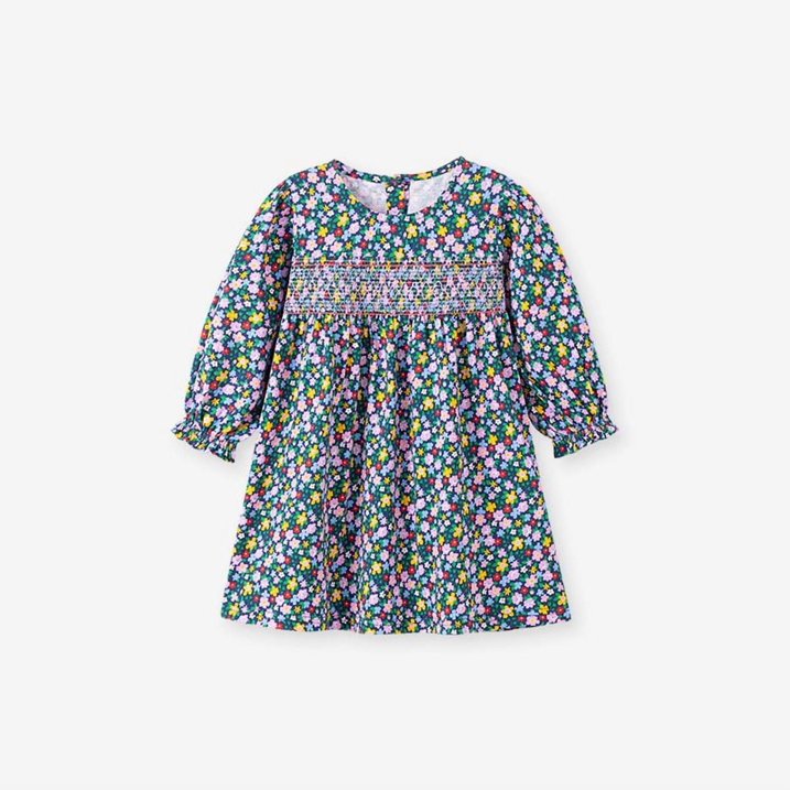 HILEELANG Toddler Girls Cotton Dress 2-7T, 100% Soft Cotton, Long Sleeve Floral Print Smocked Dress for Everyday Wear