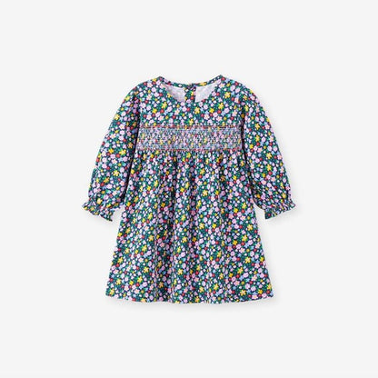 HILEELANG Toddler Girls Cotton Dress 2-7T, 100% Soft Cotton, Long Sleeve Floral Print Smocked Dress for Everyday Wear