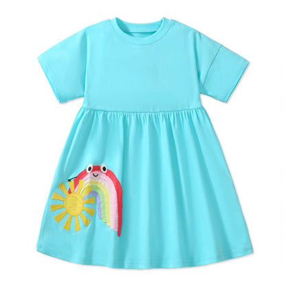 HILEELANG Toddler Little Girls 2 Pack Short Sleeve Dresses, Soft Cotton Summer Play Dress Set for Vacation Birthday Everyday Wear