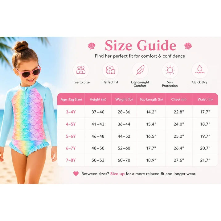 HILEELANG 3-8T Toddler/Little Girls Light Blue Rainbow Mermaid Scales Rashguard Swimsuit