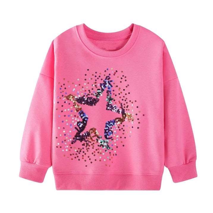 HILEELANG Toddler(2-7Y) Rose Pink Falling Shoulder Sleeves Sweatshirt Girls Star Print Pullover Fall Top