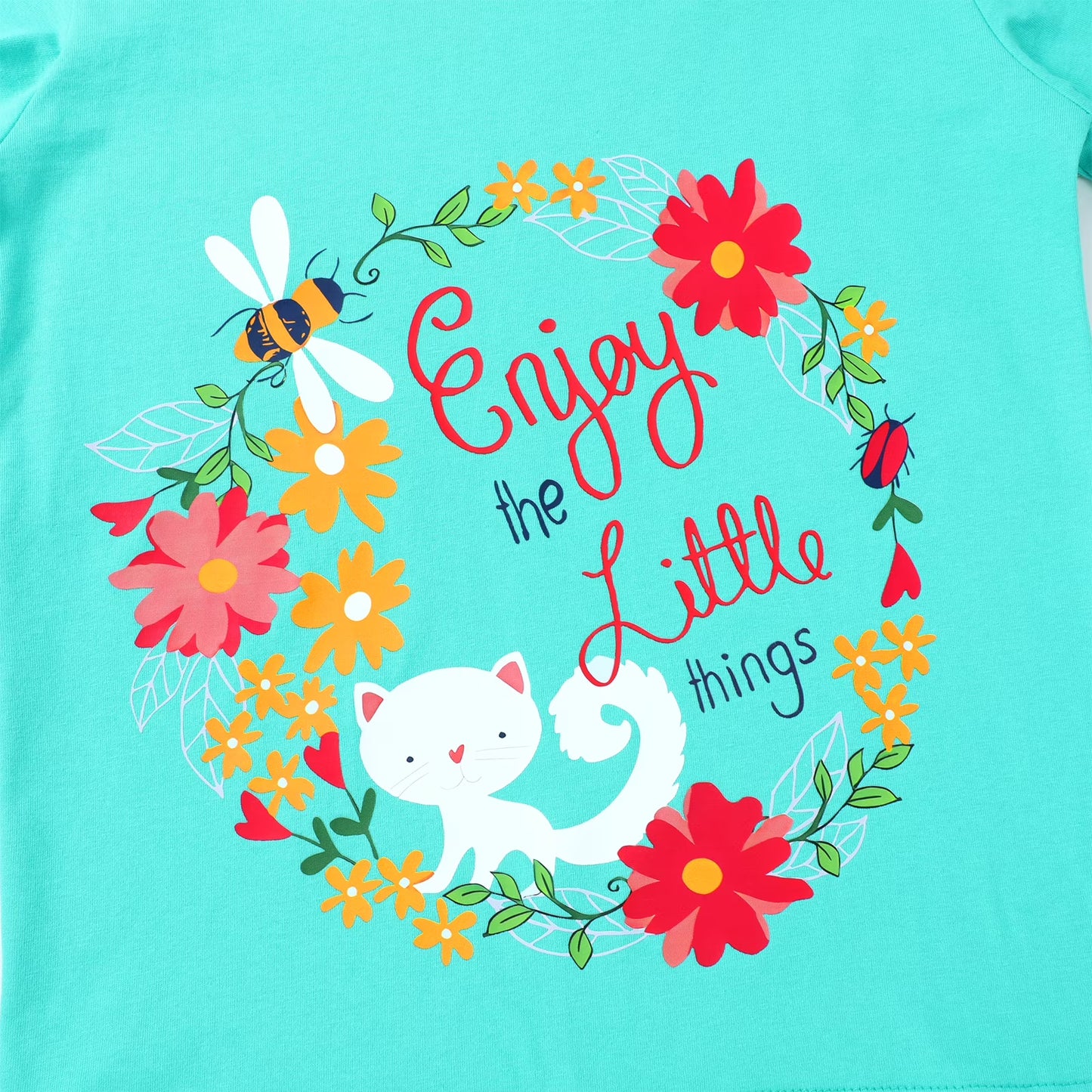 HILEELANG Little Girl Short Sleeve Tees Summer Pink White Green Flowers Cotton Tops Shirts 3 Packs
