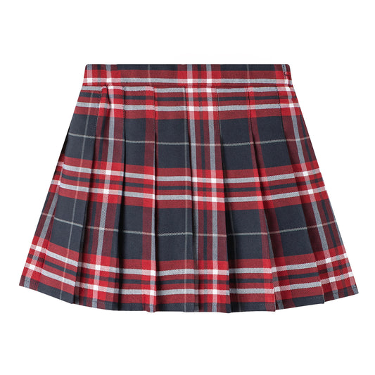 HILEELANG Little Girl School Uniform Pleated Scooter Skirt With Under Shorts Wine Black Red Plaid Elastic Waist Skirt
