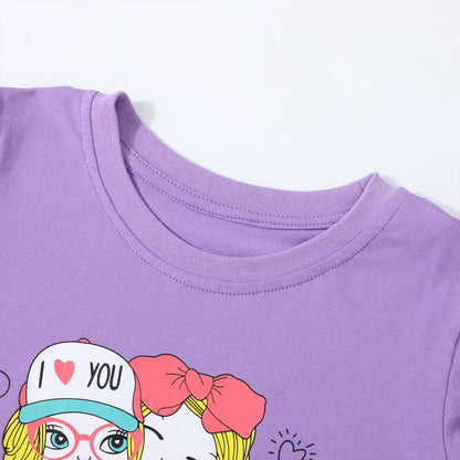 HILEELANG Little Girl Short Sleeve Tees Summer Pink White Green Flowers Cotton Tops Shirts 3 Packs