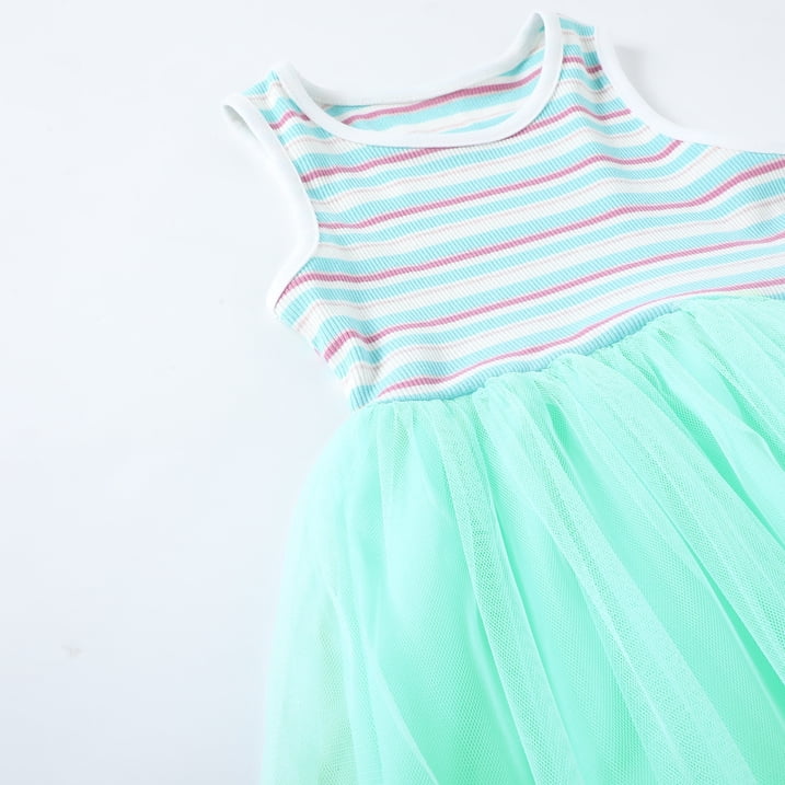 HILEELANG 2-7T Toddler Little Girls Colorful Striped Ribbed Tulle Dress, Mint Blue Sleeveless Summer Sundress