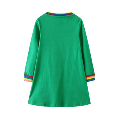 HILEELANG Toddler Girls Long Sleeved Dresses Christmas Winter Cotton Casual Cute Green Cat Cartoon Pattern Dress