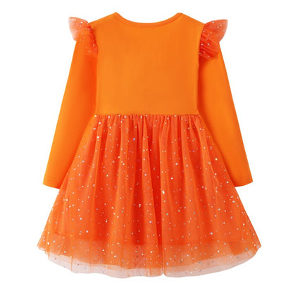 HILEELANG Toddler Girls Halloween Dress 2–7Y, Long Sleeve Pumpkin Ghost Black Cat Print Tulle Skirt with Witch Hat 2 years old