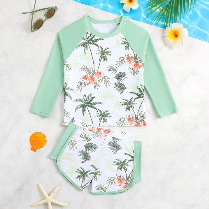 HILEELANG 3-8T Toddler/Little Girls Mint Green Palm Tree Rashguard Swimsuit