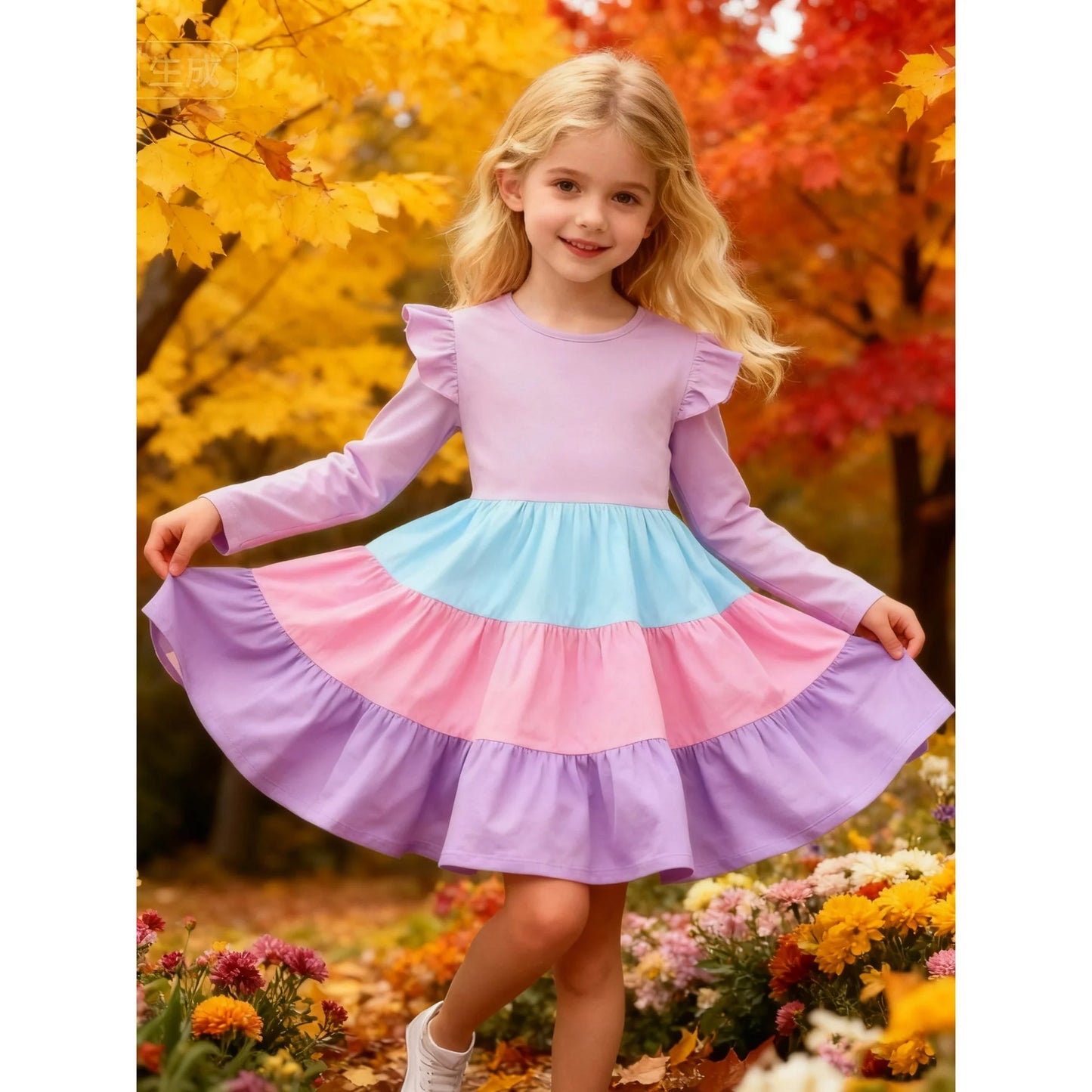 HILEELANG Toddler Girl Long Sleeve Dress Ruffle Solid Color Cotton Casual Tiered Pleated Twirly Dress