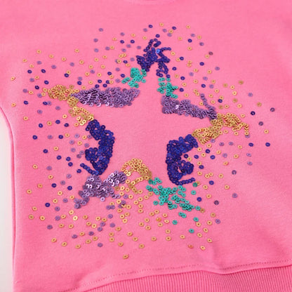 HILEELANG Toddler(2-7Y) Rose Pink Falling Shoulder Sleeves Sweatshirt Girls Star Print Pullover Fall Top