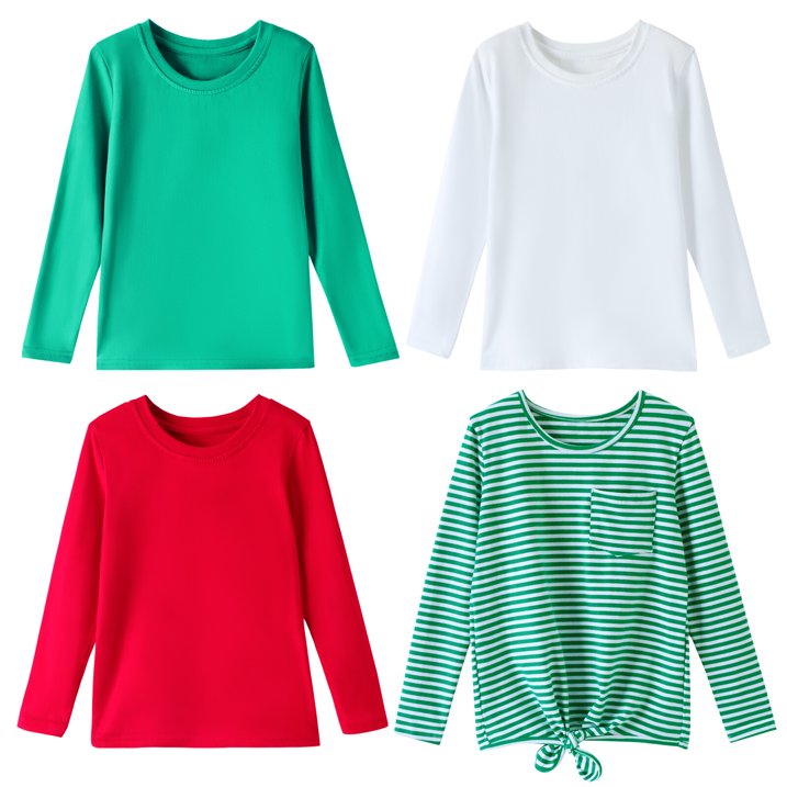 HILEELANG Girls 100% Cotton Long Sleeve T-Shirt 4-Pack, Red Green White Striped, Casual Everyday Tops