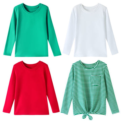 HILEELANG Girls 100% Cotton Long Sleeve T-Shirt 4-Pack, Red Green White Striped, Casual Everyday Tops