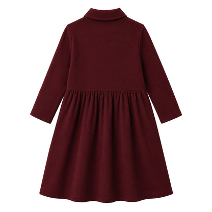 HILEELANG 4-13Y Girls Long Sleeve Polo Dress School Uniform Dress with Pockets Cotton Blend Pique Collared Dress Burgundy