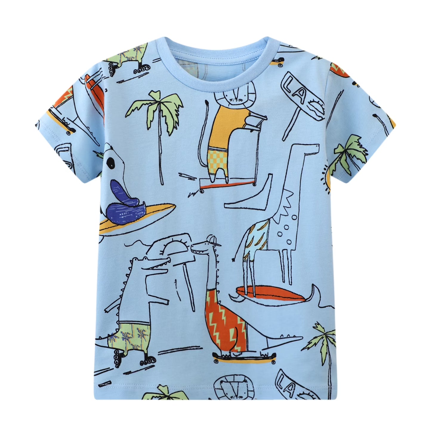HILEELANG Toddler Boys T-Shirts 3 Pack, 100% Cotton Short Sleeve Tees for Kids 2-7T, Cute Summer Beach Dinosaur/Crocodile Print Casual Tops for Little Boys