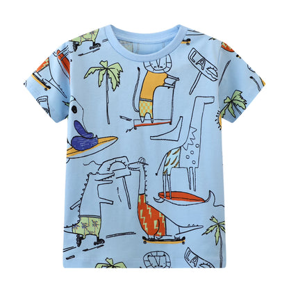 HILEELANG Toddler Boys T-Shirts 3 Pack, 100% Cotton Short Sleeve Tees for Kids 2-7T, Cute Summer Beach Dinosaur/Crocodile Print Casual Tops for Little Boys
