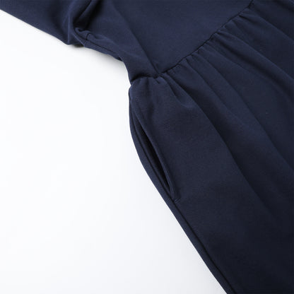 HILEELANG 4-13Y Girls Long Sleeve Polo Dress School Uniform Dress with Pockets Cotton Blend Pique Collared Dress Navy Blue