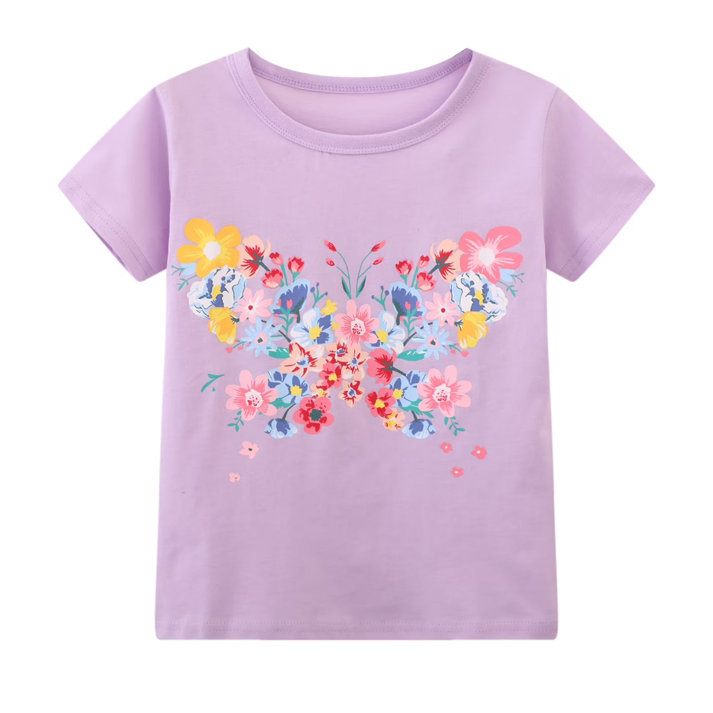 HILEELANG Big Kids Girls' Short Sleeve Tee Cotton Casual Crewneck Easter Butterfly Flowers Graphic Tops T-Shirts Purple Green 3 Packs Sets 10Years