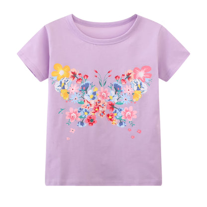 HILEELANG Big Kids Girls' Short Sleeve Tee Cotton Casual Crewneck Easter Butterfly Flowers Graphic Tops T-Shirts Purple Green 3 Packs Sets 10Years