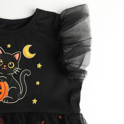 HILEELANG Girls Cotton Halloween Dress Black Cat Pumpkin Tulle Flutter Sleeve