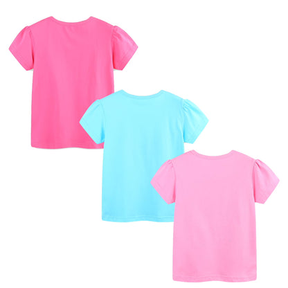 HILEELANG 2-7T Toddler Little Girls 3-Pack T-Shirts Butterfly Hummingbird Dinosaur Graphic 100% Cotton Short Sleeve Summer Tees Pink Blue