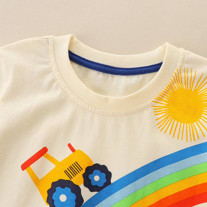 HILEELANG Toddler Boy Summer Short Sets Outfits Cotton CrewNeck Yellow Excavator Short Sleeve Playwear Sets