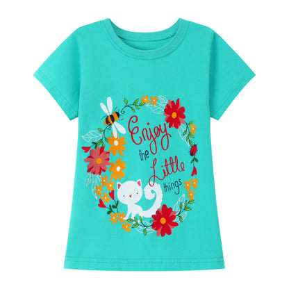 HILEELANG Little Girl Short Sleeve Tees Summer Pink White Green Flowers Cotton Tops Shirts 3 Packs