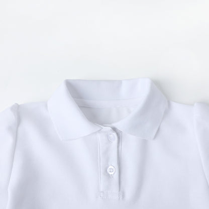 HILEELANG 2-Pack Little/Big Girls' Short Sleeve Pique Polo Shirts, Uniform Tops for Kids 4-13T, White & Navy Blue
