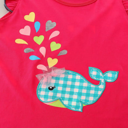 HILEELANG Toddler Girl's Summer Cotton Outfit Set, Ruffle Sleeve Pink Fish Top and Check Shorts