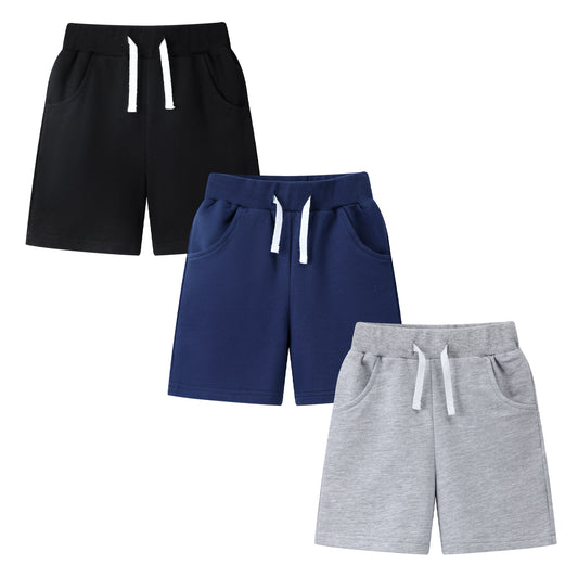 HILEELANG Toddler Boys' Cotton Shorts 3-Pack with Pockets, Grey/Black/Navy