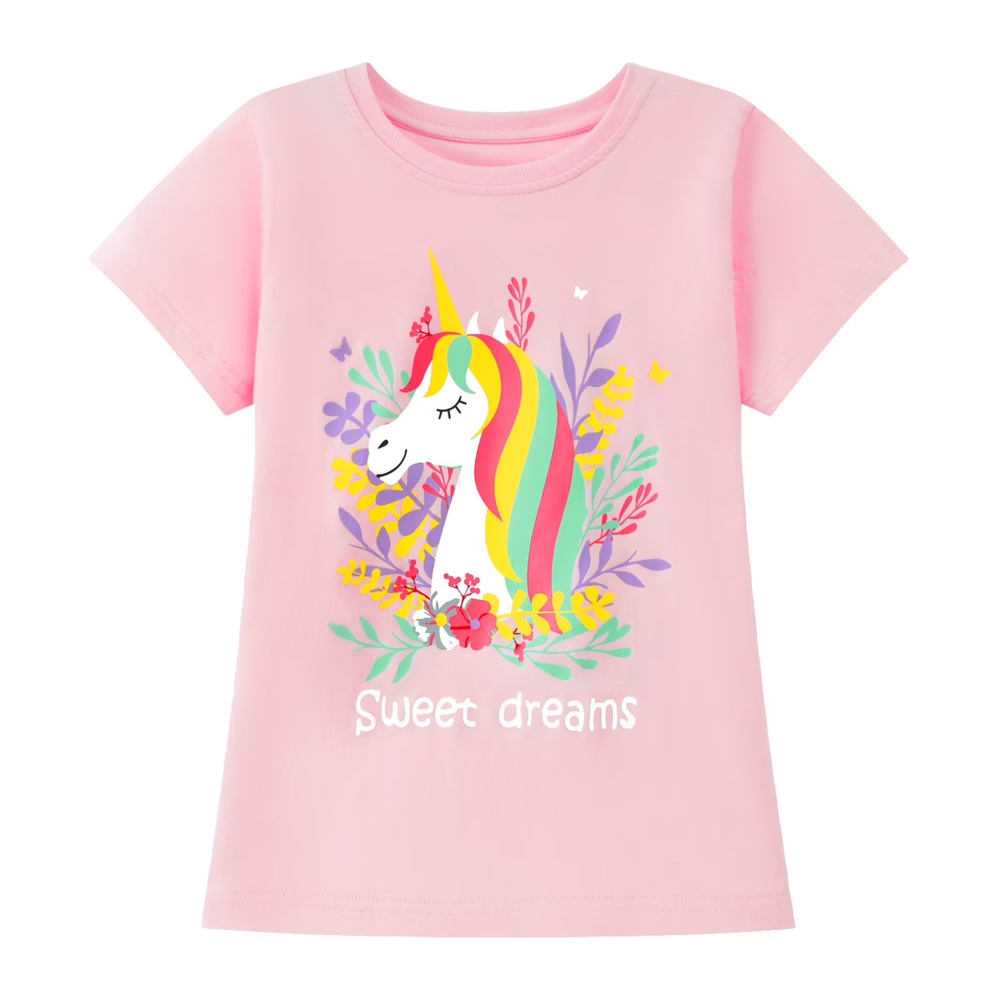 HILEELANG Little Girl Cotton Short Sleeve Tees, Unicorn Print, 3-Pack
