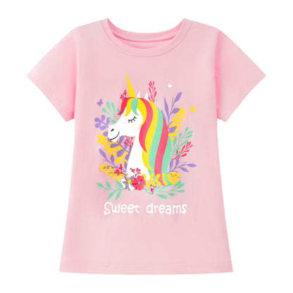 HILEELANG Little Girl Cotton Short Sleeve Tees, Unicorn Print, 3-Pack