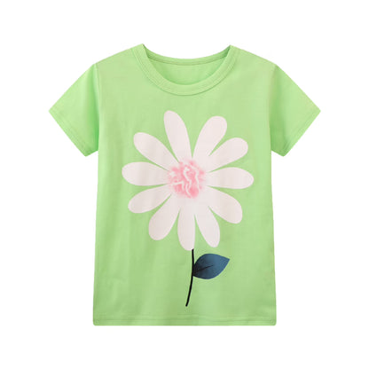HILEELANG Toddler Girl Short Sleeve Tee Shirt Cotton Casual Crewneck Flower Graphic Tops T-Shirts Pink Yellow Green 3 Packs