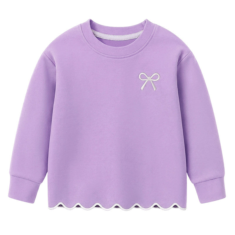HILEELANG Girls 2 Piece Outfit Set, Bow Detail Long Sleeve Top & Flare Pants, Scallop Trim, Lavender