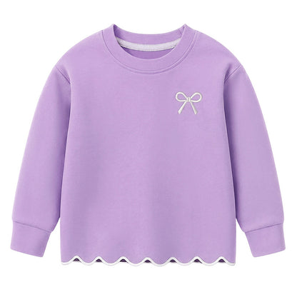 HILEELANG Girls 2 Piece Outfit Set, Bow Detail Long Sleeve Top & Flare Pants, Scallop Trim, Lavender