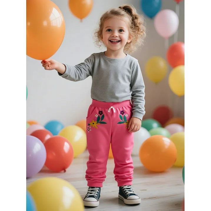 ILEELANG Toddler Girls（Age:12M-7Y) Cotton Joggers Sweatpants Floral Embroidery Drawstring Waist and Pockets-Pink Blue Casual Athletic Pants for Kids