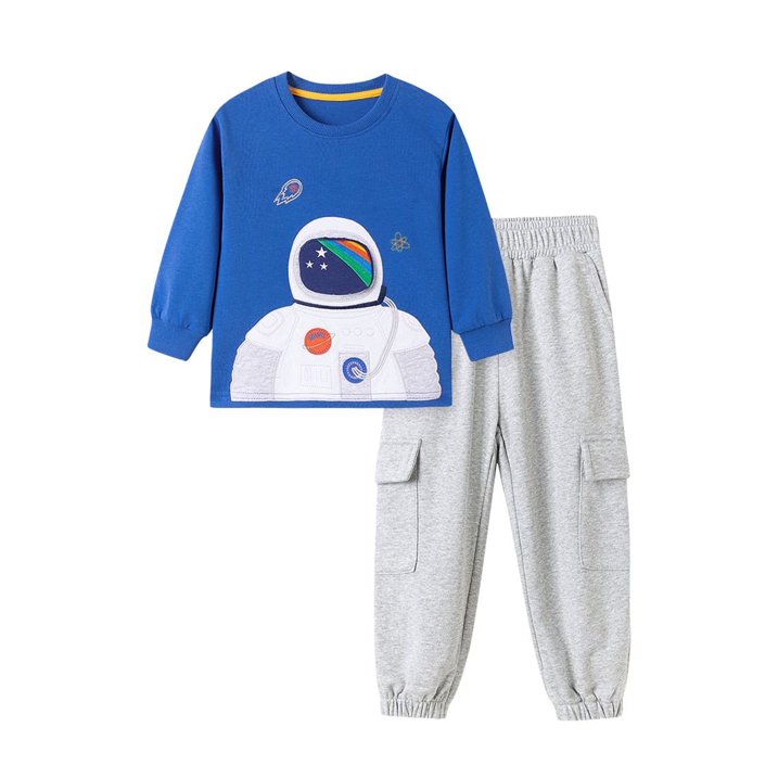 HILEELANG Toddler Boys(2-7Y) Blue Astronaut Sweatshirt and Grey Pants Set, 2 Piece Long Sleeve Outfit for Kids, Cotton Fall Winter Clothes