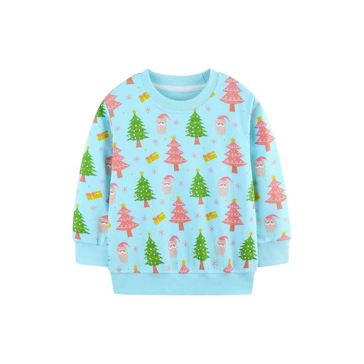 HILEELANG Toddler Girls(2-7Y) Christmas Blue Sweatshirt - Kids Cute XmasTree Pullover Holiday Long Sleeve Tops