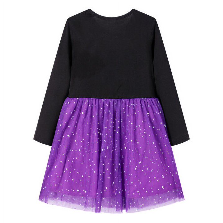 HILEELANG Toddler Girl Hallowen 2-8years old Dress Novelty Long Sleeve Black Cat Applique Purple Tulle Tutu Outfits With Witch Hat